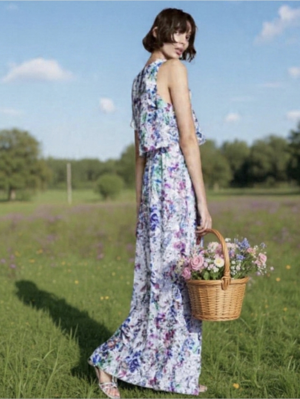 US8🌸H&M White Maxi Dress with Purple, Pink, Blue & Green Floral Print